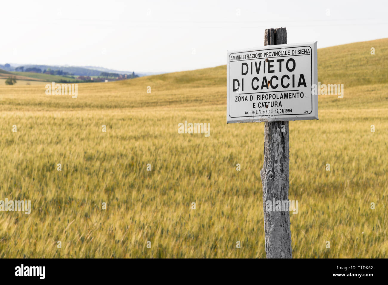 No hunt forbidden sign. Board bans hunting in a field in Tuscany, Italy Stock Photo