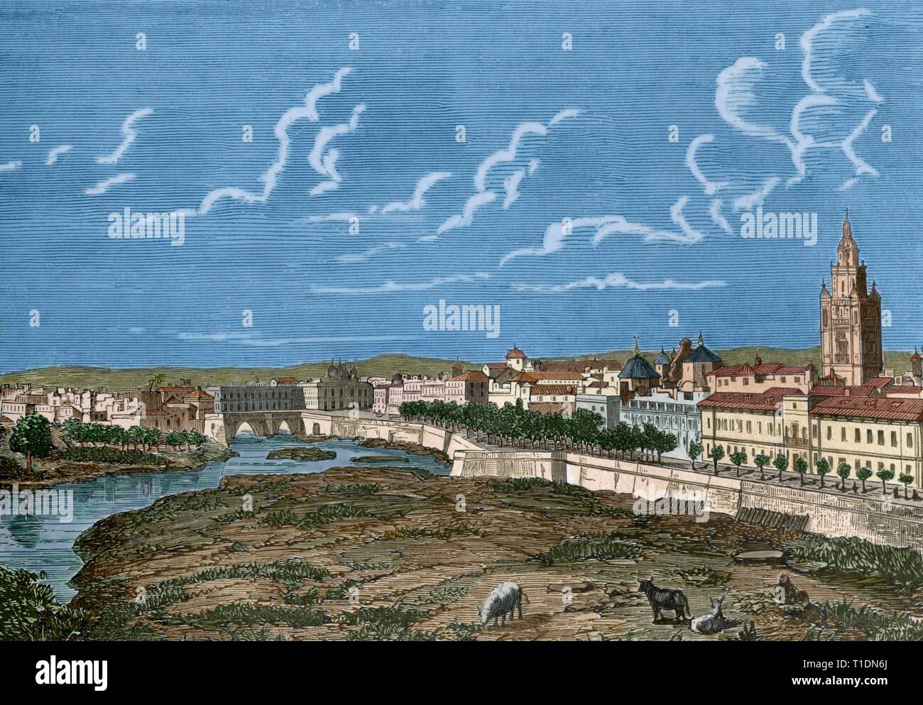Spain. Murcia. View of the city. Drawing by Letre, engraving by Capuz ...