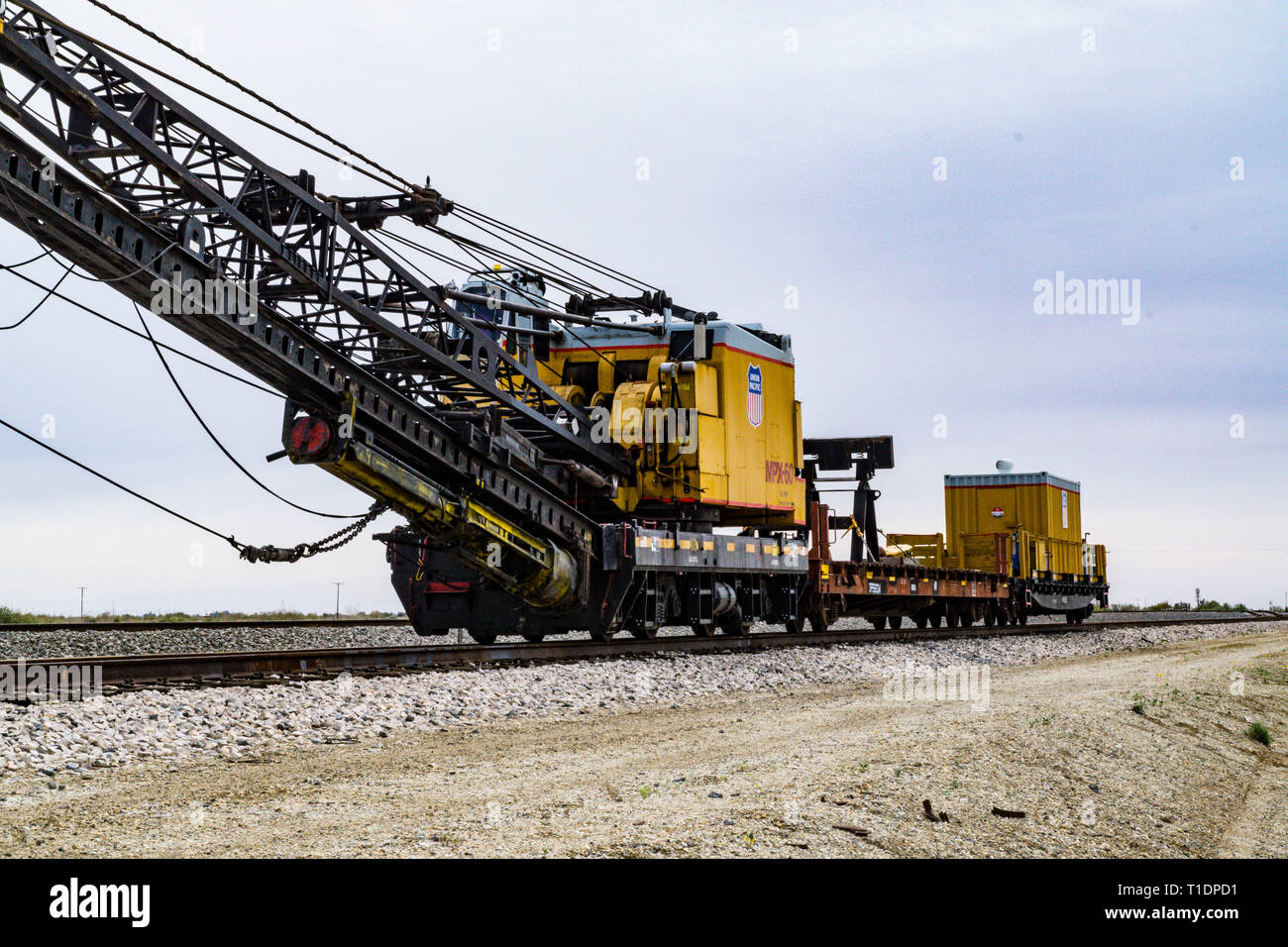 Union Pacific Railroad maintenance equipment on a siding in the