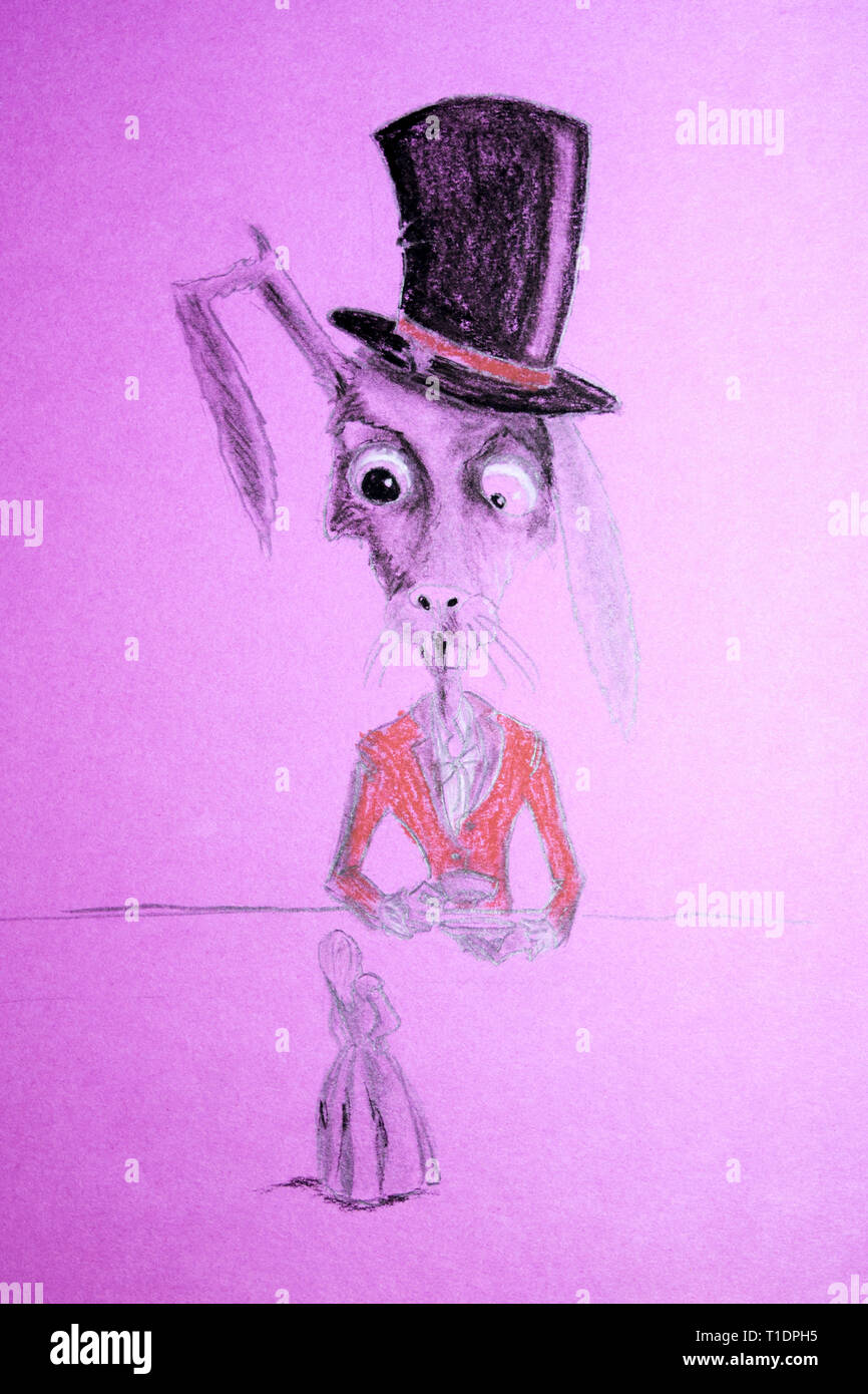 Ugly rabbit in a hat drinking tea. Beside him on the table is ...