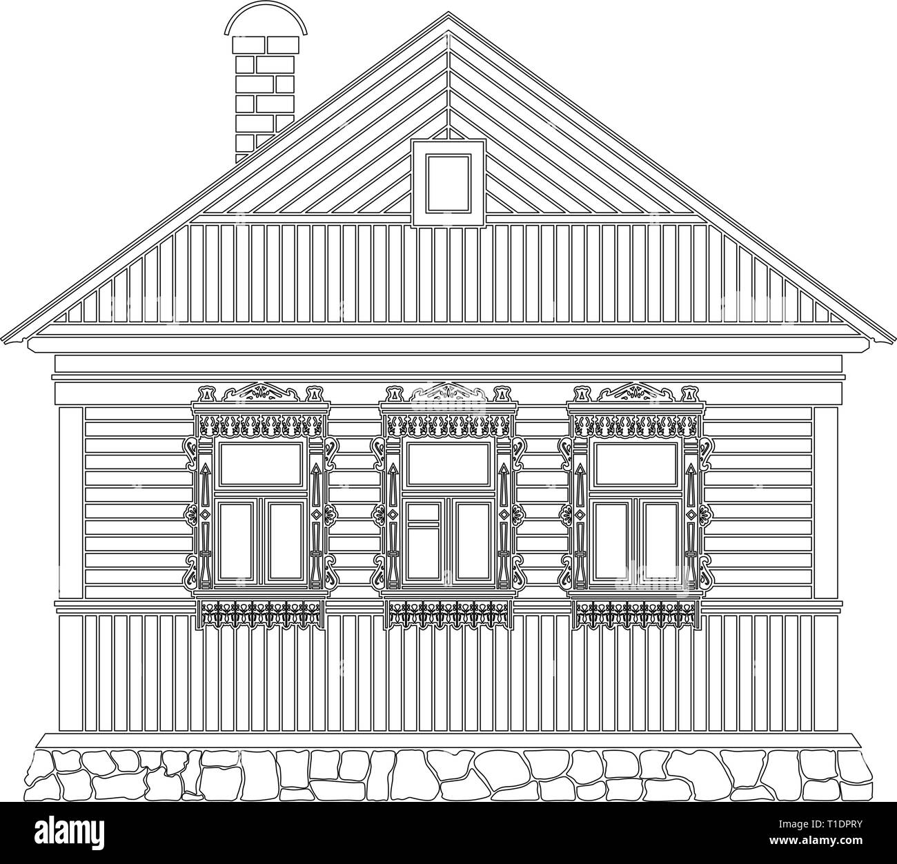 Russian traditional wooden house . The windows are decorated with