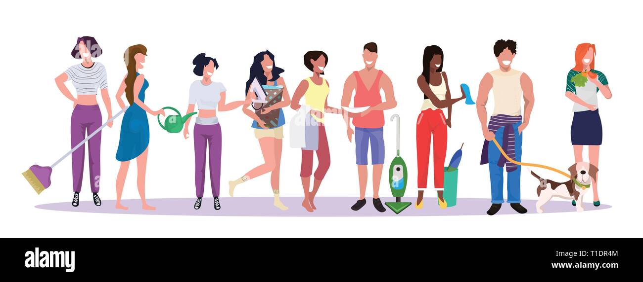 mix race people cleaning team doing household chores men women standing ...