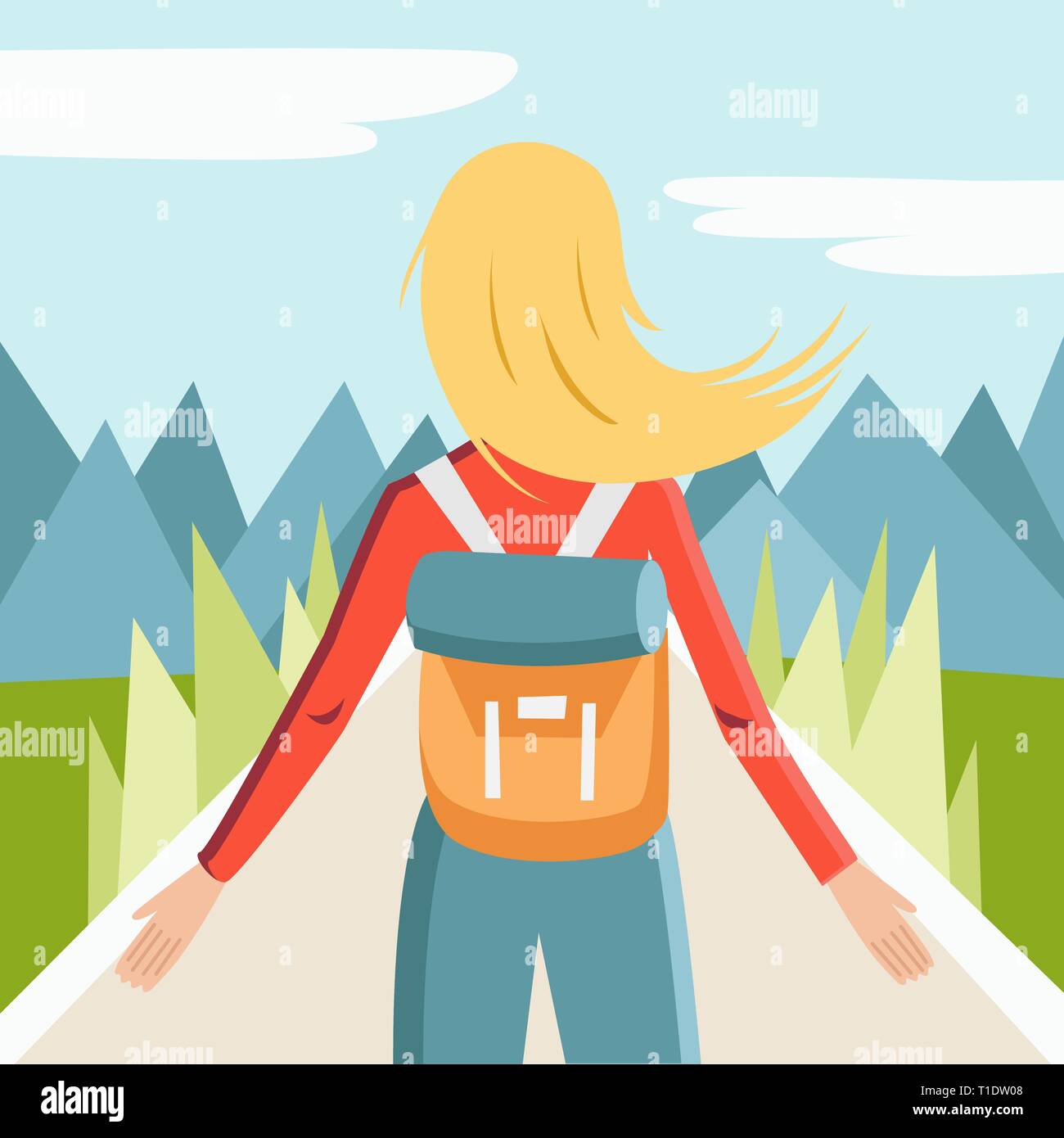 Character of girl with backpack in mointains in flat Stock Vector
