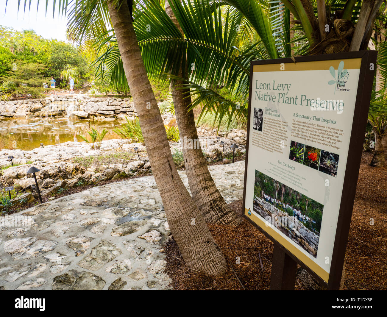 Information Sign at the Entrance to, Leon Levy Native Plant Preserve, Eleuthera, The Bahamas, The Caribbean. Stock Photo