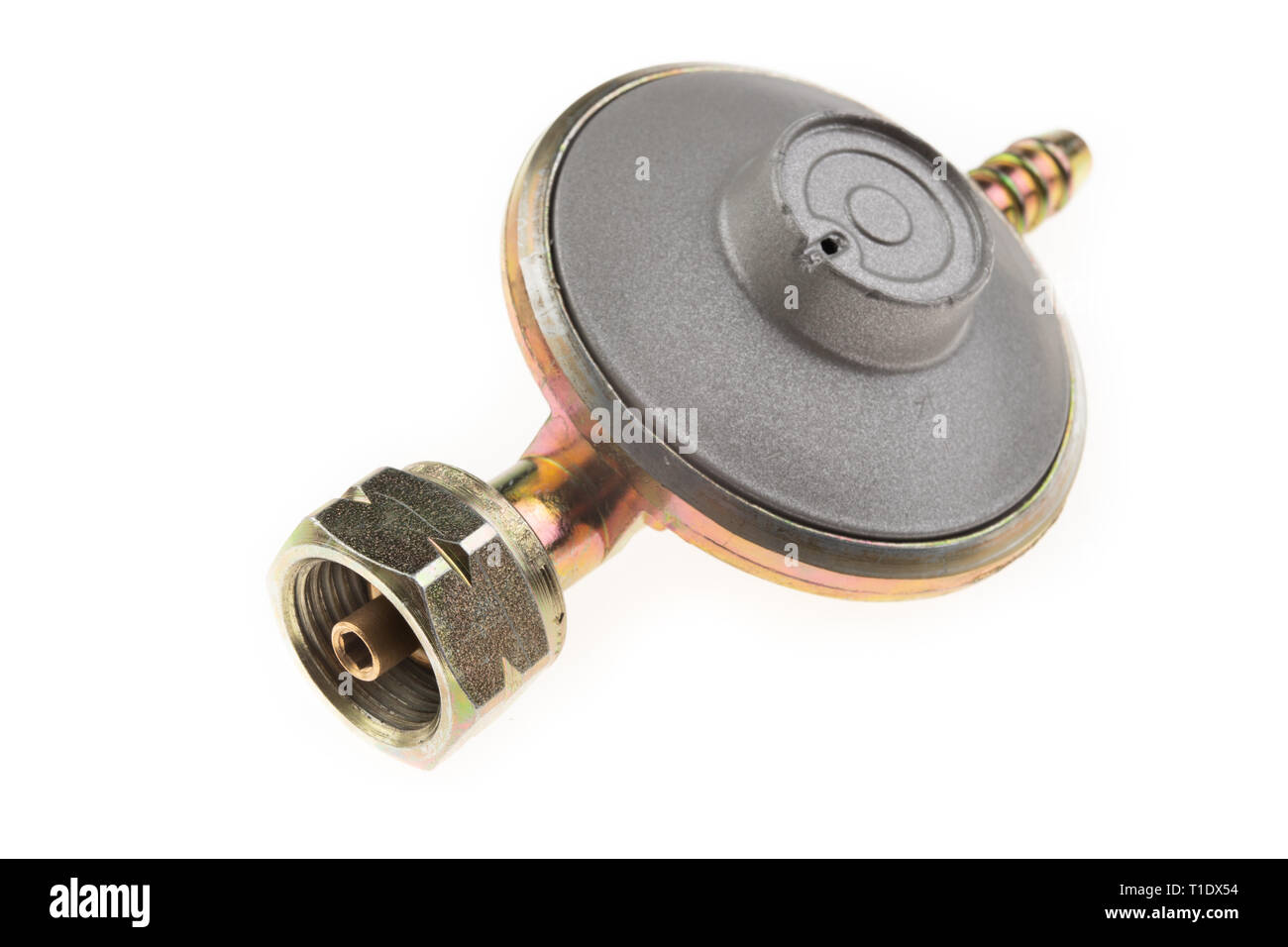 Regulator for propanebutane gas cylinder and accessories on a wooden