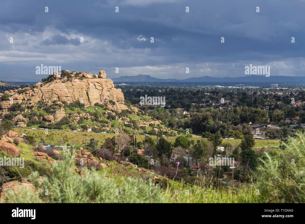 Scenic view of spring storm clouds, Stoney Point Park and the San Fernando Valley near Topanga Canyon Blvd, Porter Ranch and Chatsworth in Los Angeles Stock Photo