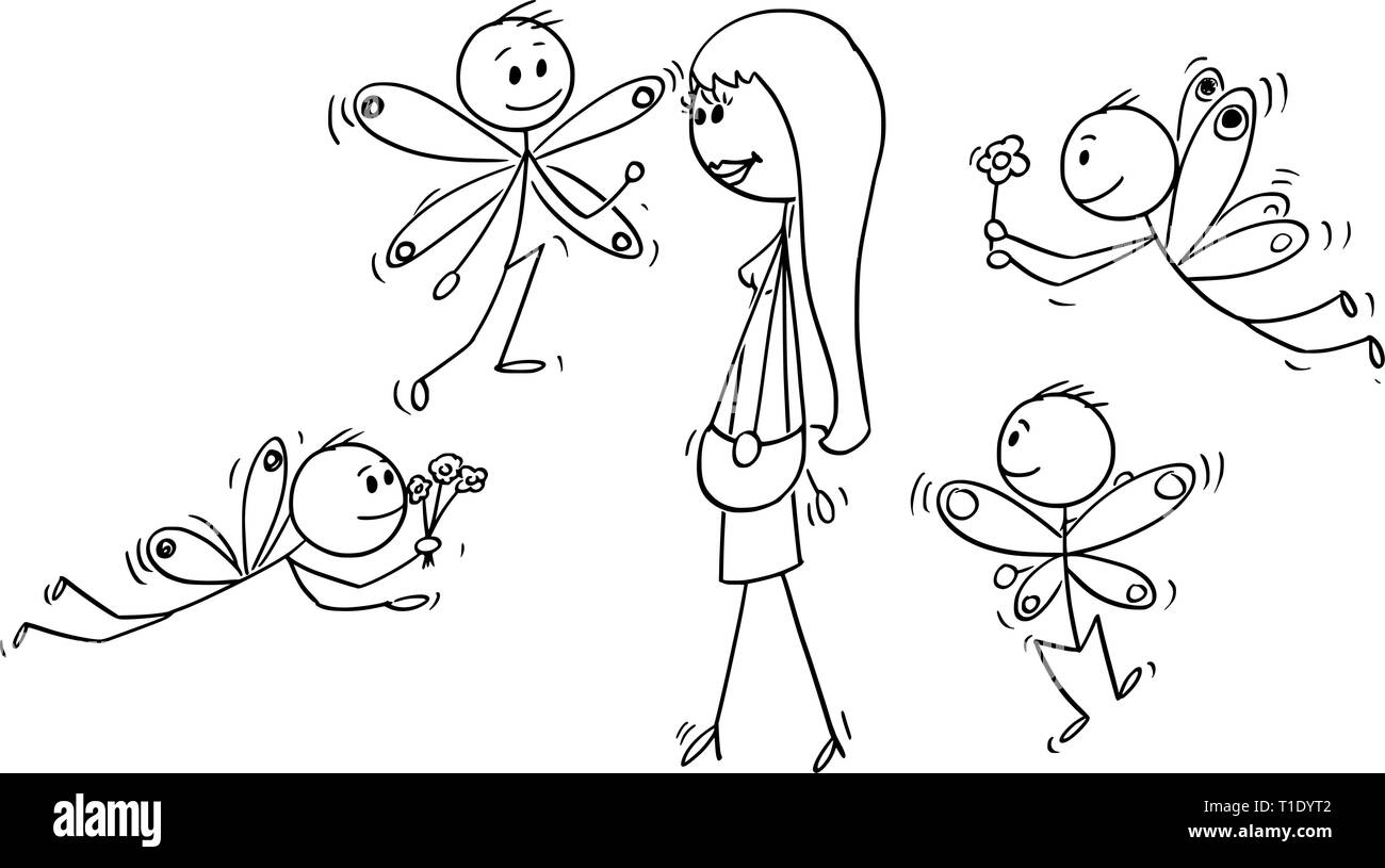 Cartoon stick figure drawing conceptual illustration of attractive beautiful young woman and group of loving swains flying around her like butterflies. Stock Vector