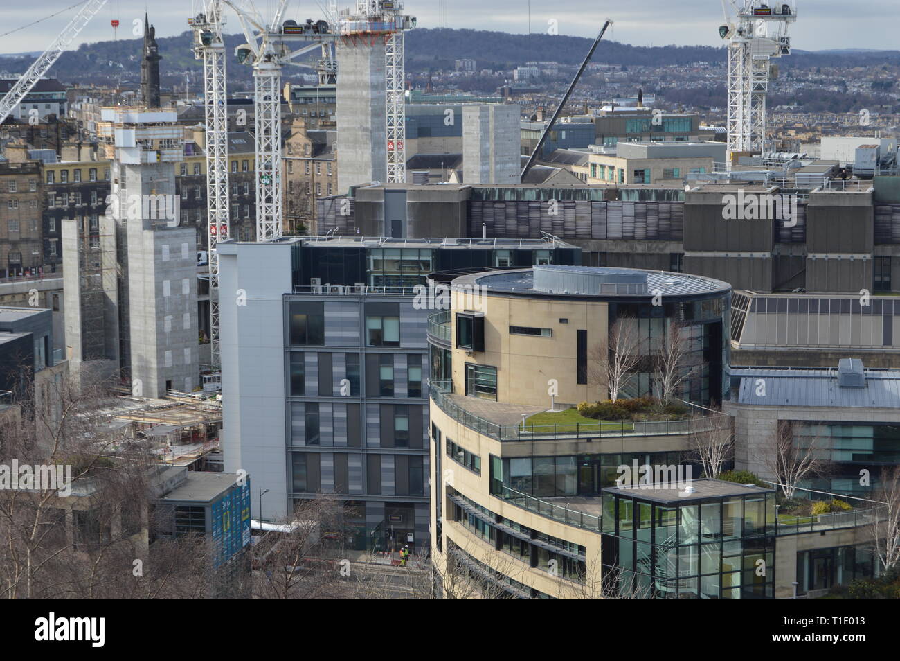 View of Edinburgh from Calton Hill including rooftop gardens on modern commercial buildings Stock Photo