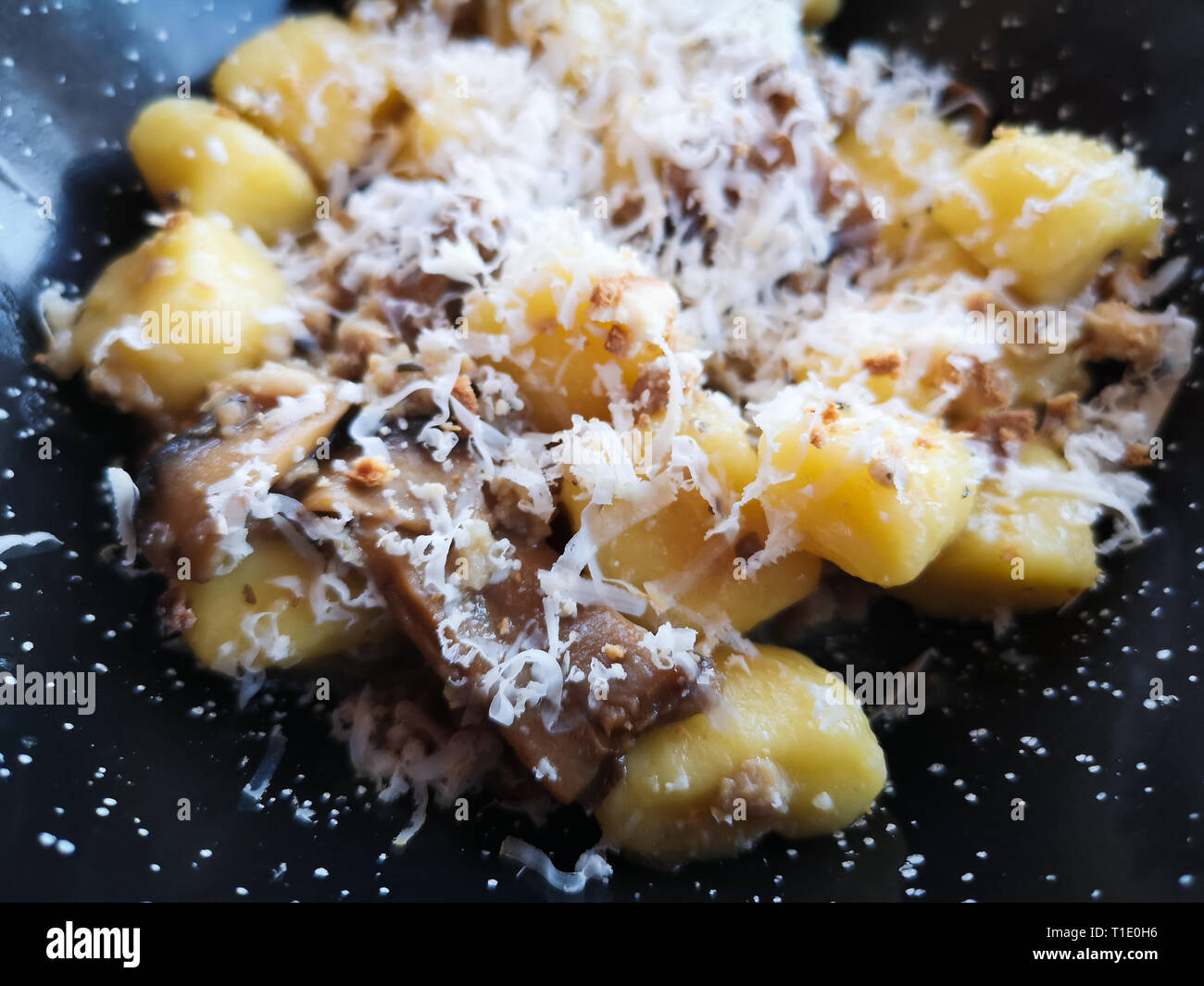 Gnocchi with mushrooms, truffles and flakes of pecorino cheese. Stock Photo