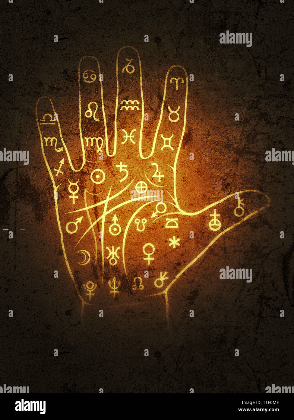 The Art of Black Magic: Chiromancy & Palmistry. Mystical chart with Ancient hieroglyphs, Medieval runes, Astrological signs and Alchemical symbols. Stock Photo
