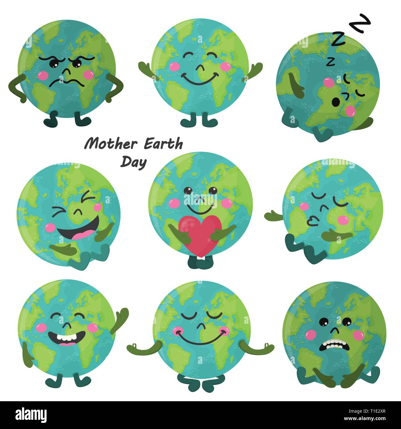 Set of cute cartoon Earth globe with emotions. Vector illustration for your design Stock Vector
