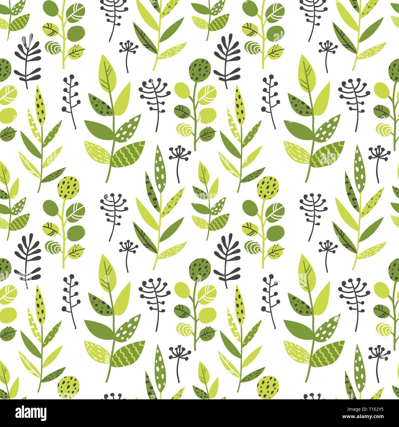 Seamless pattern with green leaves and herbs. Vector illustration for ...