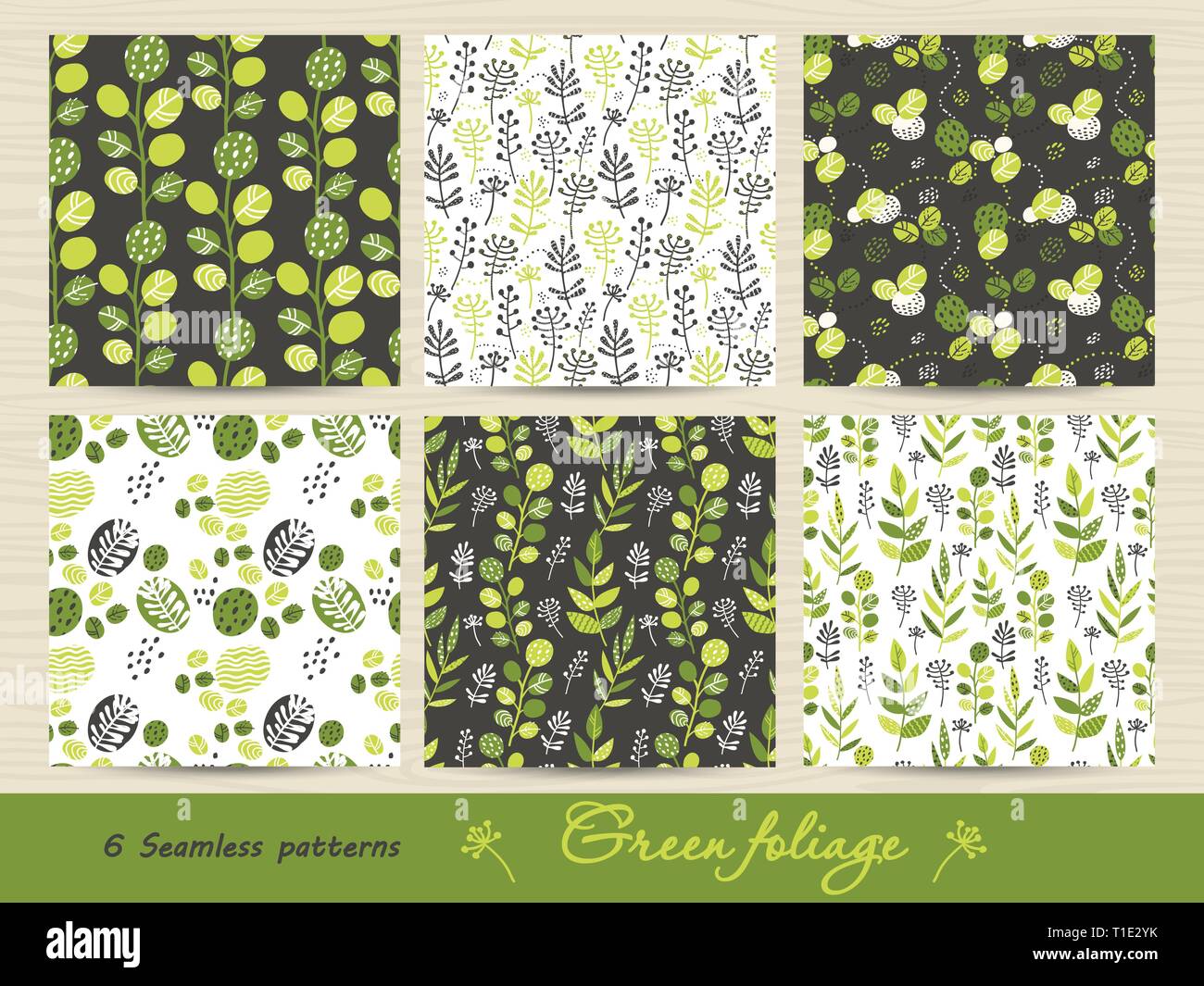 Set of seamless pattern with green leaves and herbs. Vector ...
