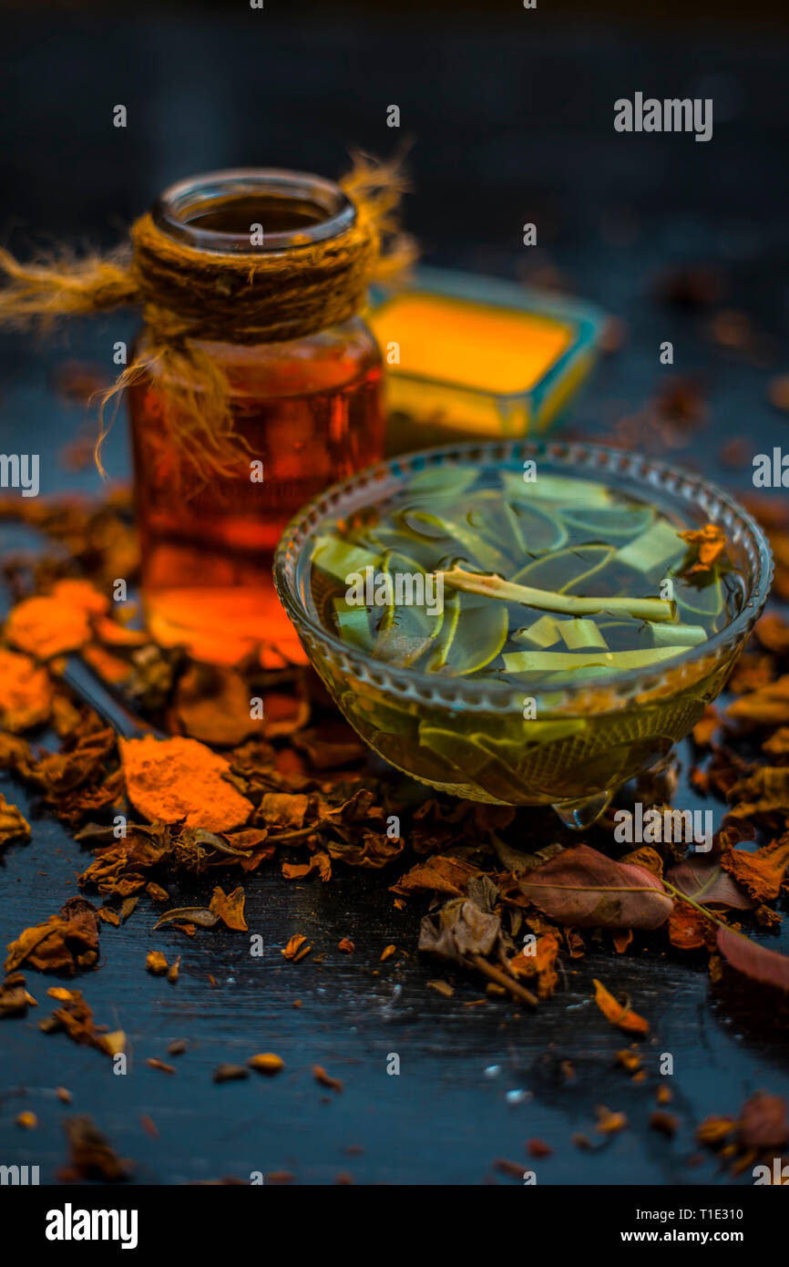 Face Pack Of Aloevera Turmeric Or Haldi Honey Rose Water For Glowing And Radiant Skin For All Types On Wooden Surface With All Ingredients Close Up Vi Stock Photo Alamy alamy