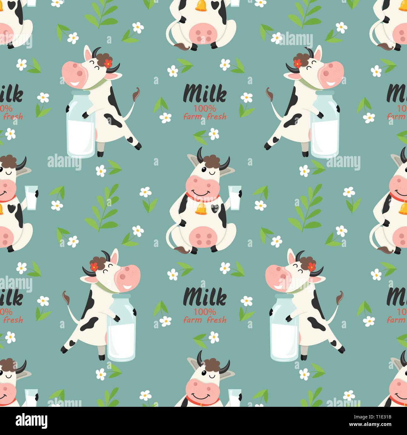 Seamless pattern with farm cows and milk bottle Stock Vector Image ...