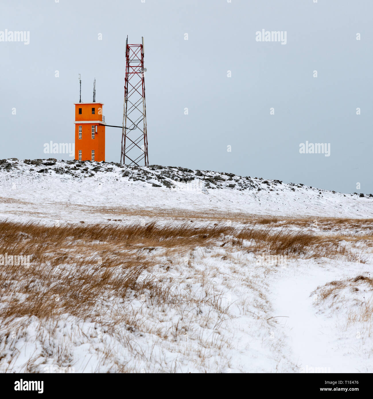 Signal Station at Eystrahorn in Winter, Iceland Stock Photo