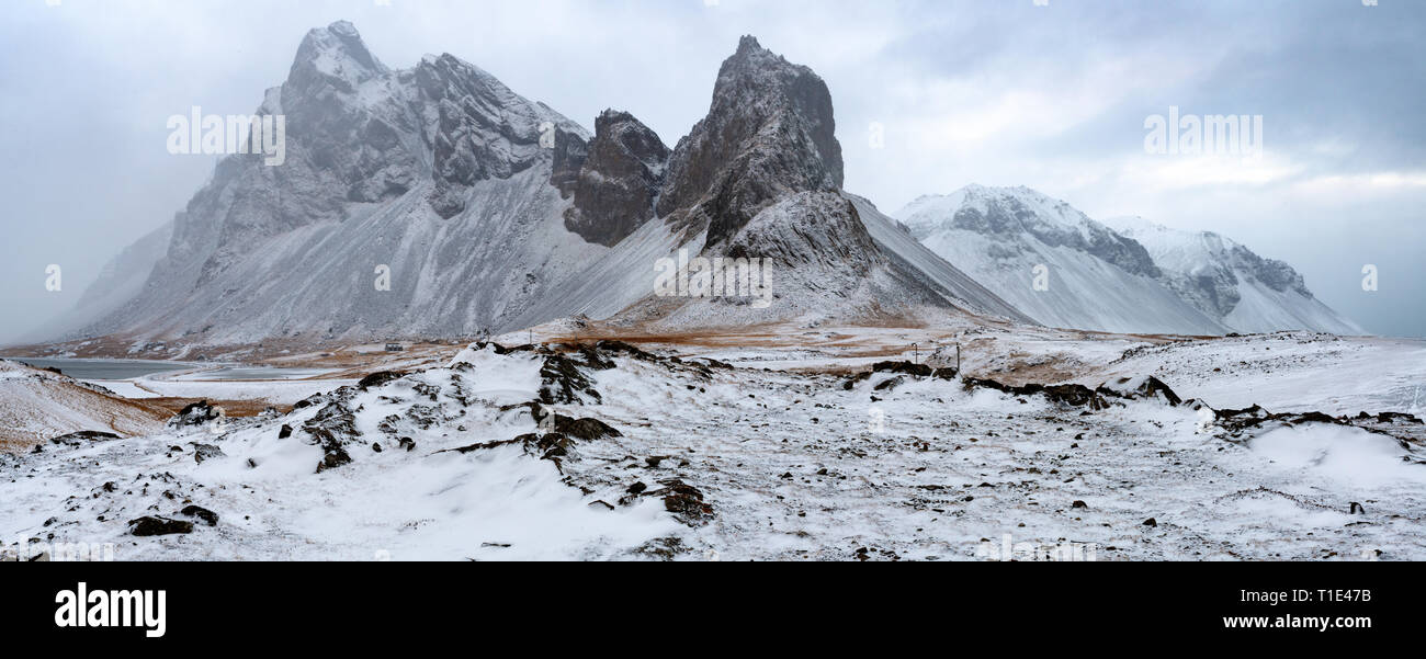 Panormama of Eystrahorn and Coast in Winter, Iceland Stock Photo
