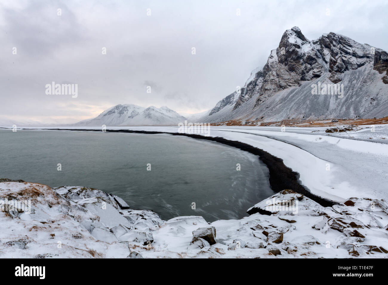 Eystrahorn and Coast in Winter, Iceland Stock Photo