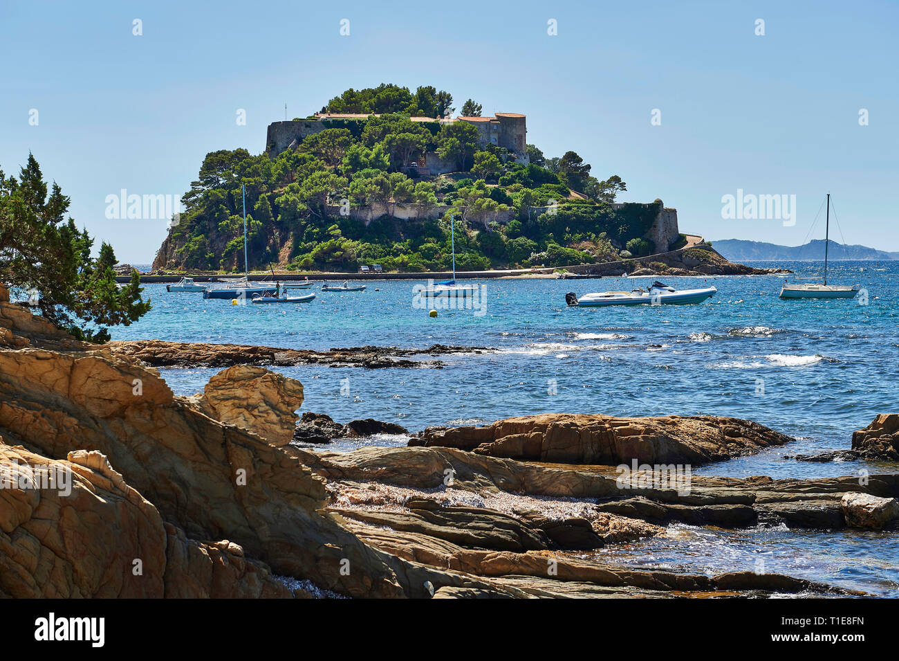 Bormes Les Mimosas South Eastern France Overview Of The Medieval Fortress Fort De Bregancon Official Retreat Of The President Of France Since 18 Stock Photo Alamy