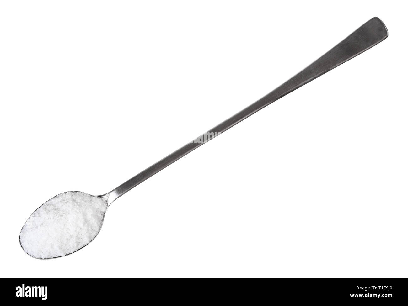 top view of teaspoon with grained Rock Salt isolated on white