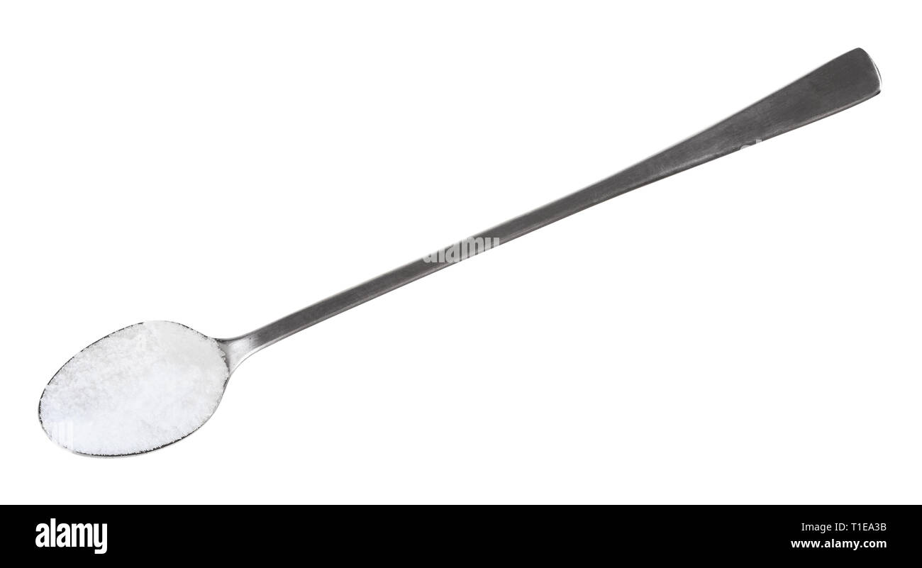top view of steel teaspoon with fine ground Sea Salt isolated on white