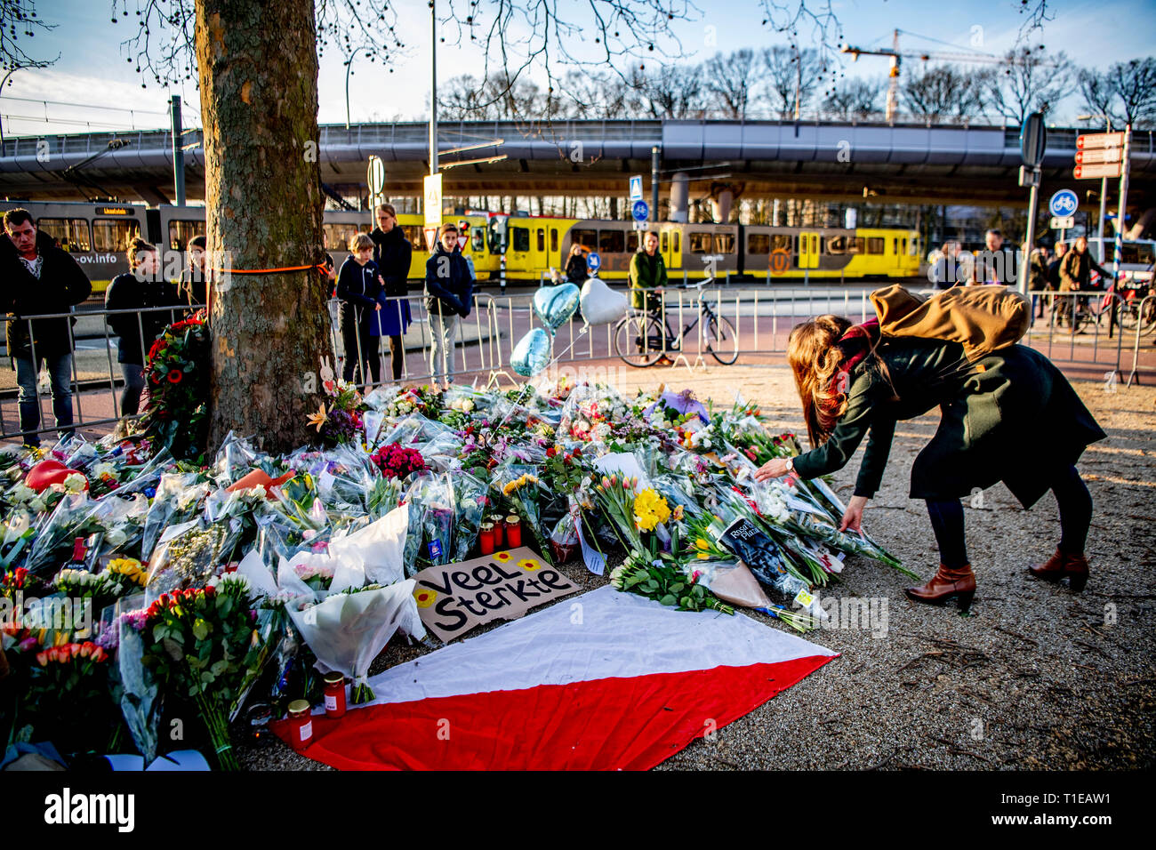 UTRECHT - Belangstellenden leggen bloemen op het 24 Oktoberplein, de dag na het schietincident.  De schietpartij in een tram op het 24 Oktoberplein in Utrecht heeft aan drie mensen het leven gekost. Vijf mensen raakten gewond, drie van hen zijn er ernstig aan toe.  Gökmen T. ROBIN UTRECHT Stock Photo