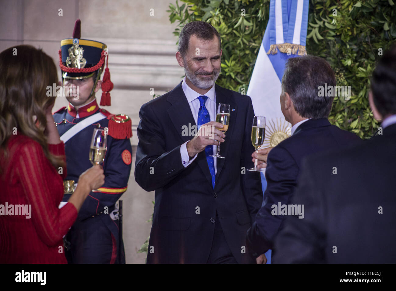 Buenos Aires, Federal Capital, Argentina. 25th Mar, 2019. The kings of Spain, Felipe VI and Letizia Ortiz, arrived on Sunday night, March 24, in Buenos Aires as part of the State visit to Argentina.According to the predicted, the official activities of the monarchs began this Monday, March 25, with a bulky agenda of activities.In the morning they met at Casa Rosada with President Mauricio Macri and the First Lady, Juliana Awada.The kings arrived at the government headquarters around 11 in the morning and after taking the official photo in the White Room, Macri and Felipe VI gave a message Stock Photo