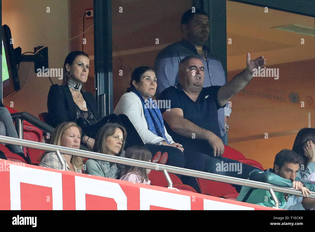 Elma Aveiro (sister of Cristiano Ronaldo), Dolores Aveiro (mother of Cristiano Ronaldo) and José Andrade (stepfather of Cristiano Ronaldo), Cristiano Ronaldo's family watch the game during the Qualifiers - Group B to Euro 2020 football match between Portugal vs Serbia. (Final score: Portugal 1 - 1 Serbia) Stock Photo