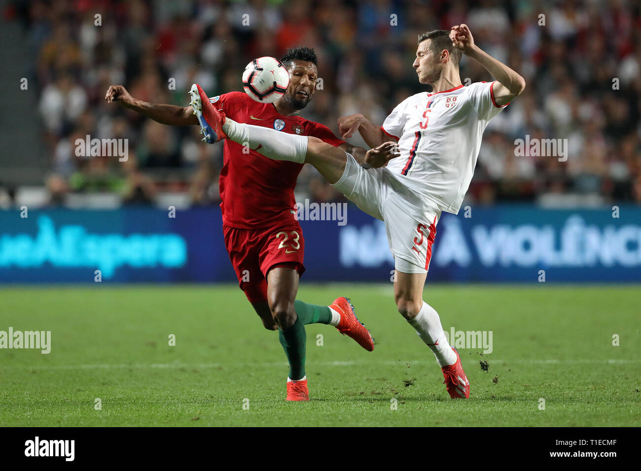 Dyego Sousa of Portugal (L) vies for the ball with Uros Spajic of Serbia (R) during the Qualifiers - Group B to Euro 2020 football match between Portugal vs Serbia. (Final score: Portugal 1 - 1 Serbia) Stock Photo