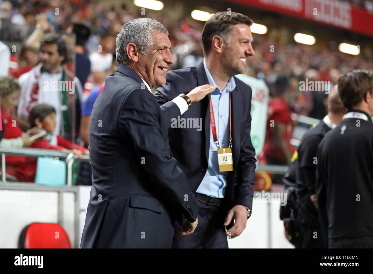 Coach Fernando Santos of Portugal and Coach Mladen Krstajic of Serbia during the Qualifiers - Group B to Euro 2020 football match between Portugal vs Serbia. (Final score: Portugal 1 - 1 Serbia) Stock Photo