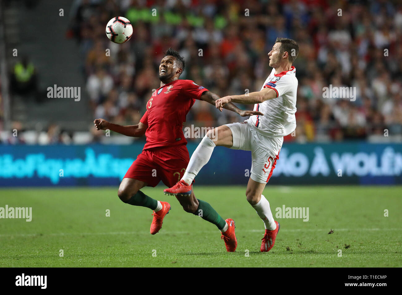 Dyego Sousa of Portugal (L) vies for the ball with Uroš Spaji? of Serbia (R) during the Qualifiers - Group B to Euro 2020 football match between Portugal vs Serbia. (Final score: Portugal 1 - 1 Serbia) Stock Photo
