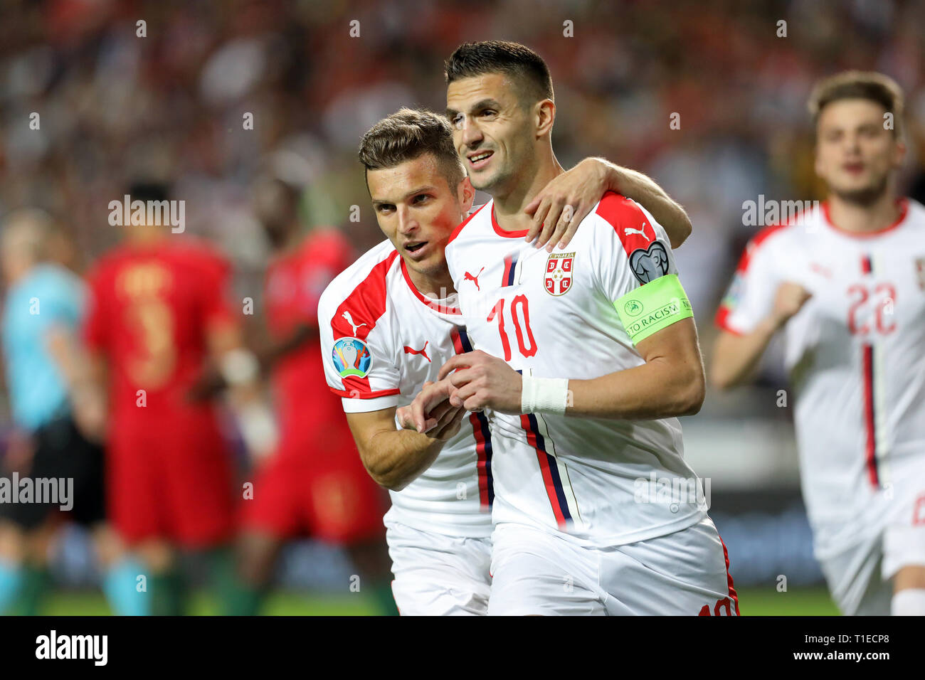 Dušan Tadi? of Serbia (R) and Darko Lazovi? of Serbia (L) celebrates with teammates after scoring during the Qualifiers - Group B to Euro 2020 football match between Portugal vs Serbia. (Final score: Portugal 1 - 1 Serbia) Stock Photo