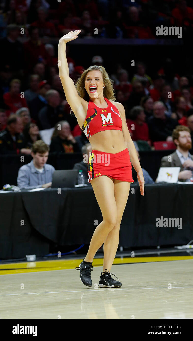 College Park, MD, USA. 25th Mar, 2019. Maryland cheerleader performs during a the second round of the women's NCAA basketball tournament game between the University of Maryland Terrapins and the UCLA Bruins at the Xfinity Center in College Park, MD. Justin Cooper/CSM/Alamy Live News Stock Photo