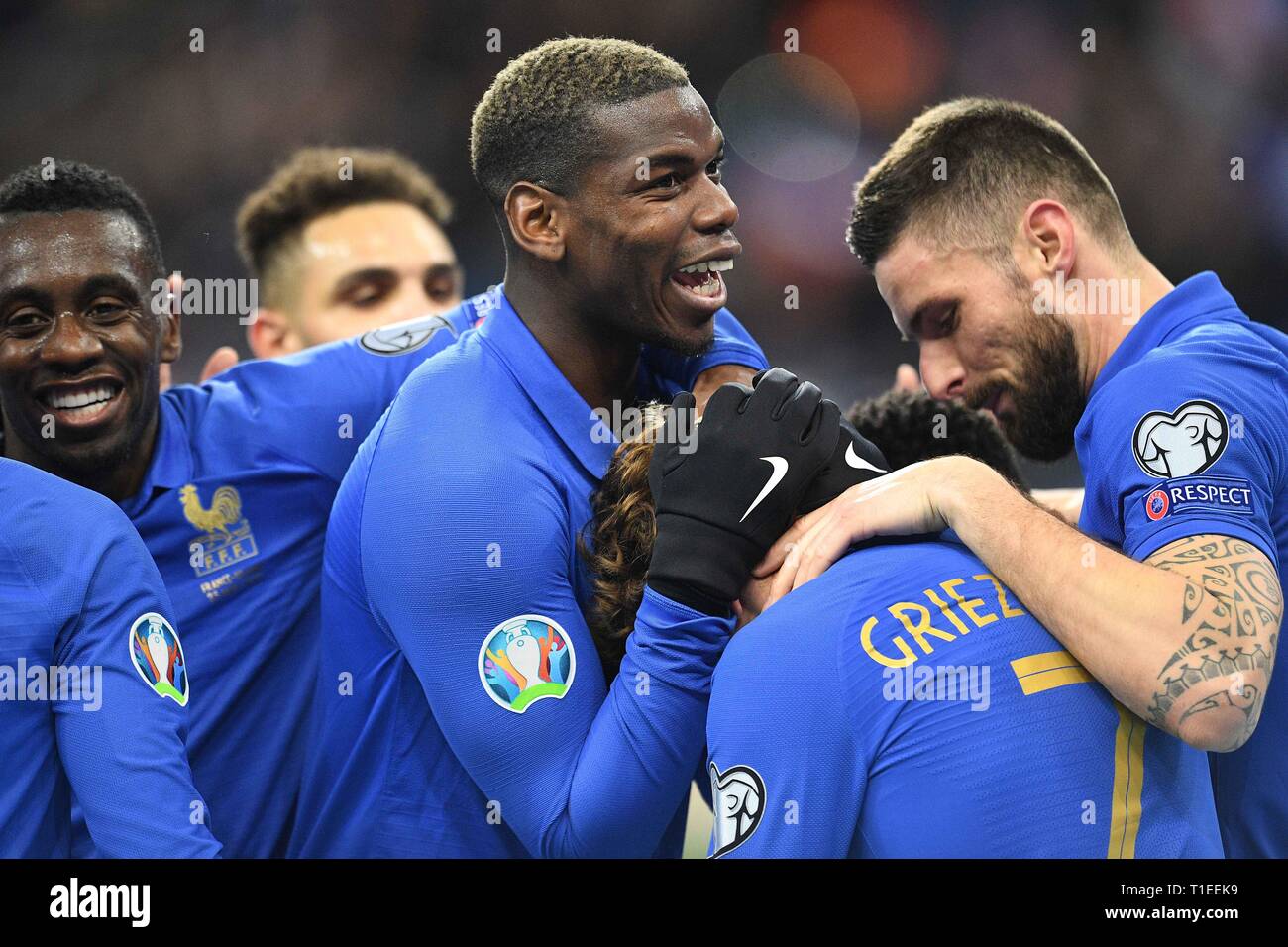 Paris, Paris. 25th Mar, 2019. Antoine Griezmann (2nd, R) of France  celebrates his goal with teammates during the UEFA Euro 2020 Group H  qualification match between France and Iceland in Saint-Denis, north