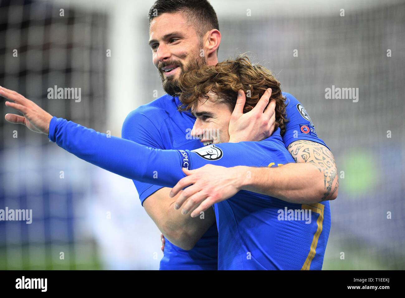 Paris, Paris. 25th Mar, 2019. Antoine Griezmann (R) of France celebrates his goal with his teammate Olivier Giroud during the UEFA Euro 2020 Group H qualification match between France and Iceland in Saint-Denis, north of Paris, France on March 25, 2019. France won 4-0. Credit: Jack Chan/Xinhua/Alamy Live News Stock Photo