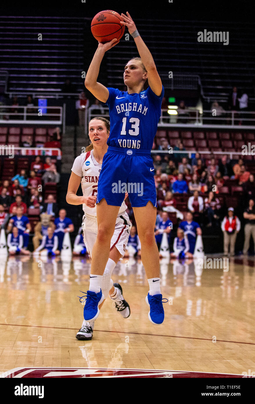 Stanford, CA, USA. 25th Mar, 2019. A. BYU guard Paisley Johnson (13) takes a shot during the