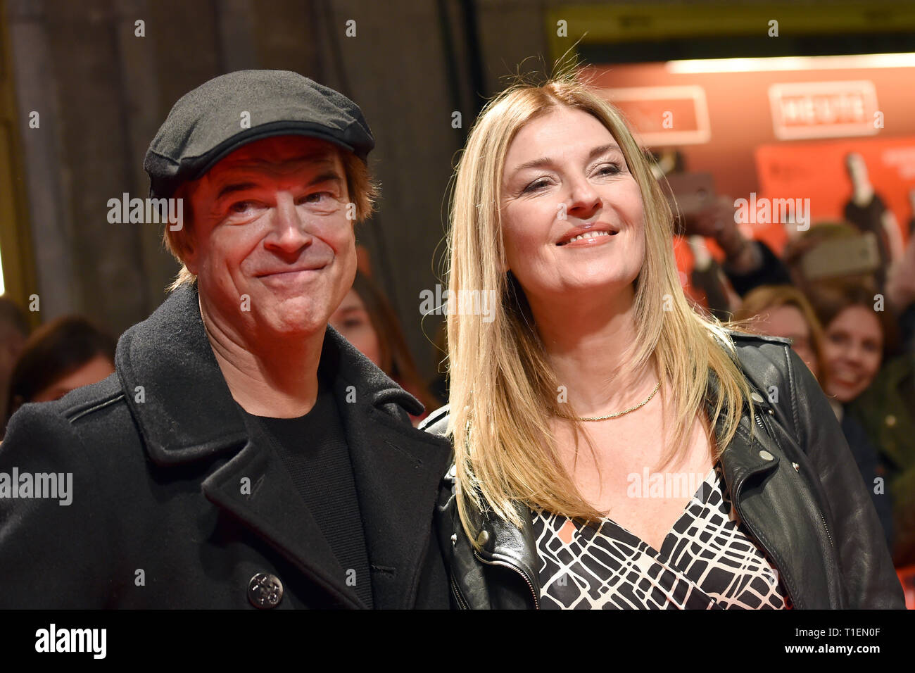 Essen, Germany. 26th Mar, 2019. Campino (Andreas Frege), singer of the band  "Die Toten Hosen", and director Cordula Kablitz-Post come to the premiere  of the documentary film "Weil du nur einmal leben -