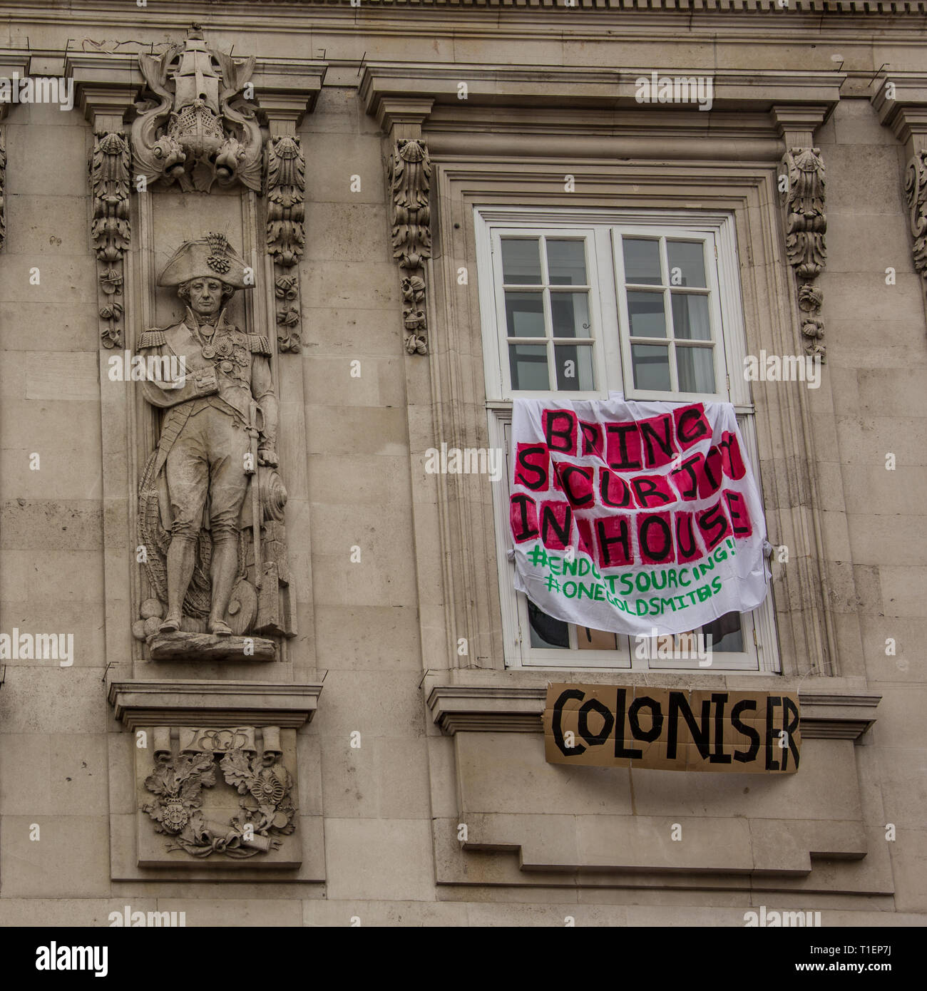 London, UK. 26 March, 2019. Protesters from Goldsmiths Anti-Rascist Action are occupying the building after a candidate in student elections was subjected to racist abuse, the group are demanding that Goldsmiths, part of the University of London, do more to tackle racism on the campus. David Rowe/Alamy Live News. Stock Photo