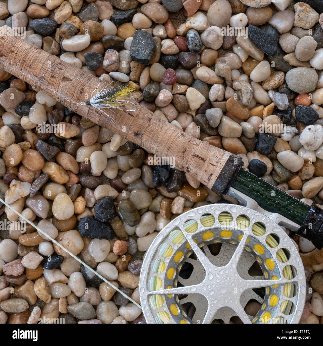Fly fishing rod and reel on wet pebble background Stock Photo Alamy