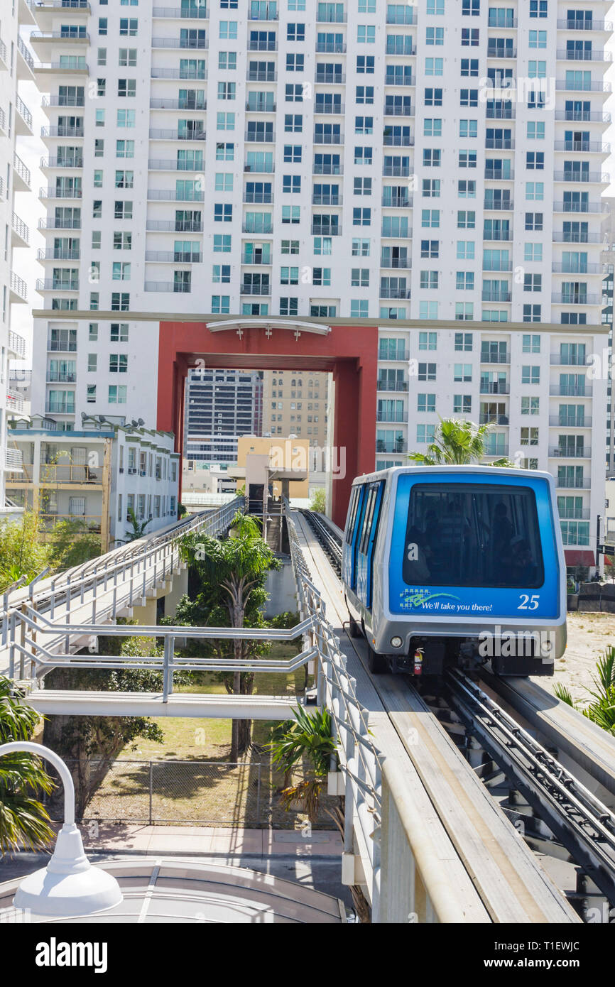 Miami Florida,Metromover,APM,automated people mover,mass transit,elevated track,train,cart,basket,trolley,tunnel,building,urban,FL090306136 Stock Photo