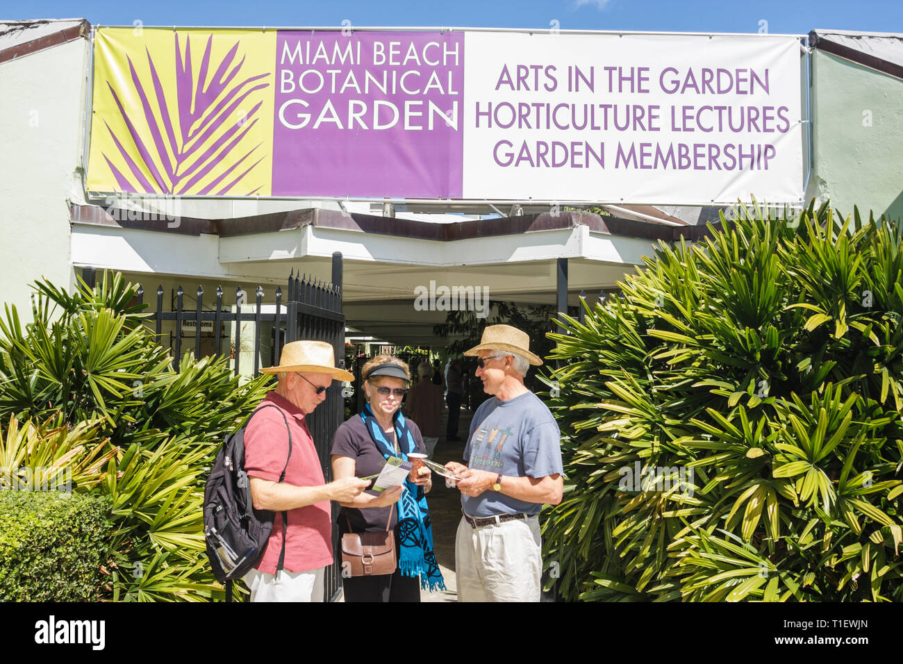 Miami Beach Florida,Botanical Garden,gardening,plants,horticulture,entrance,front,woman female women,man men male,group,banner,lecture,foliage,FL09030 Stock Photo