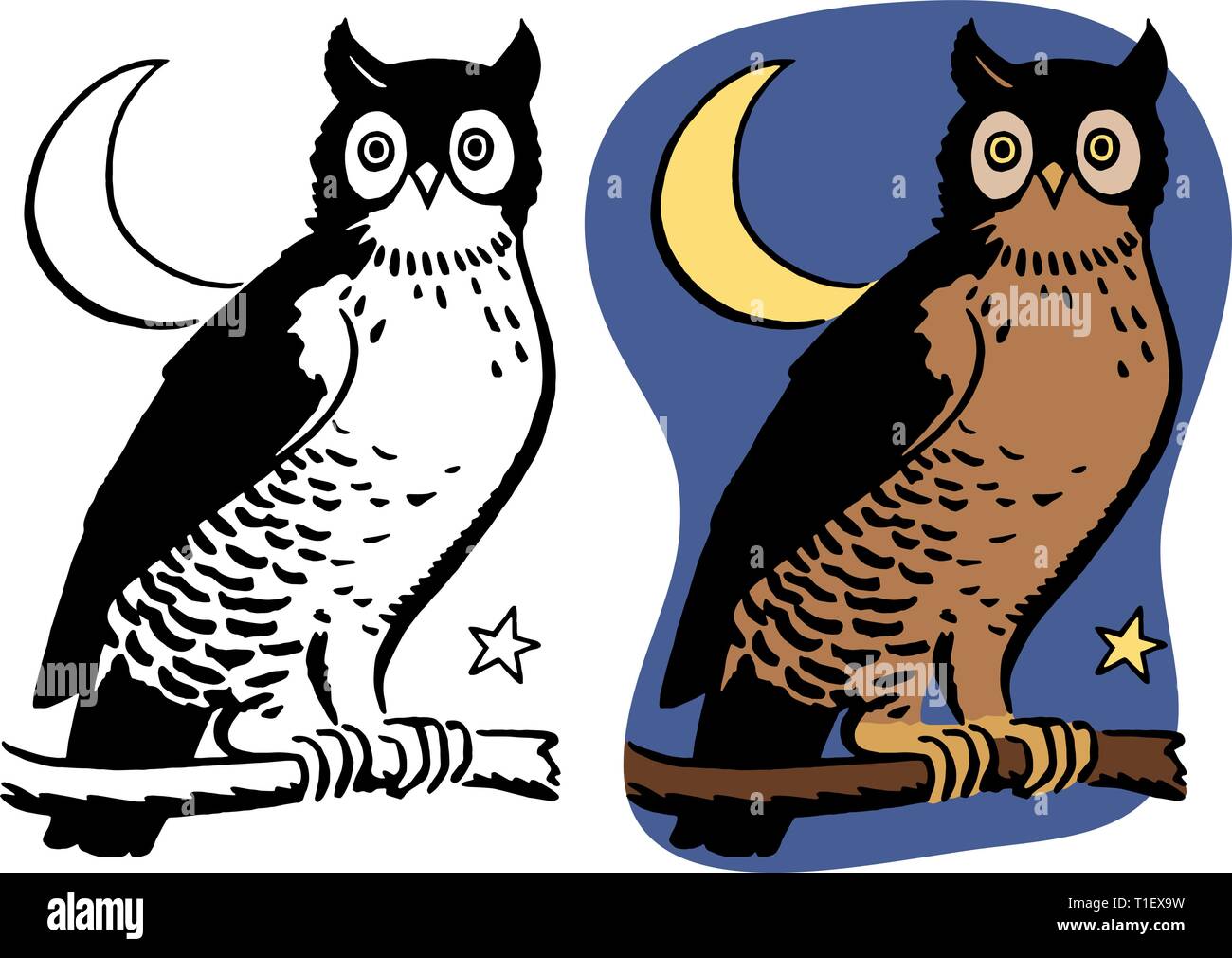A night owl perched on a branch in front of a crescent moon. Stock Vector