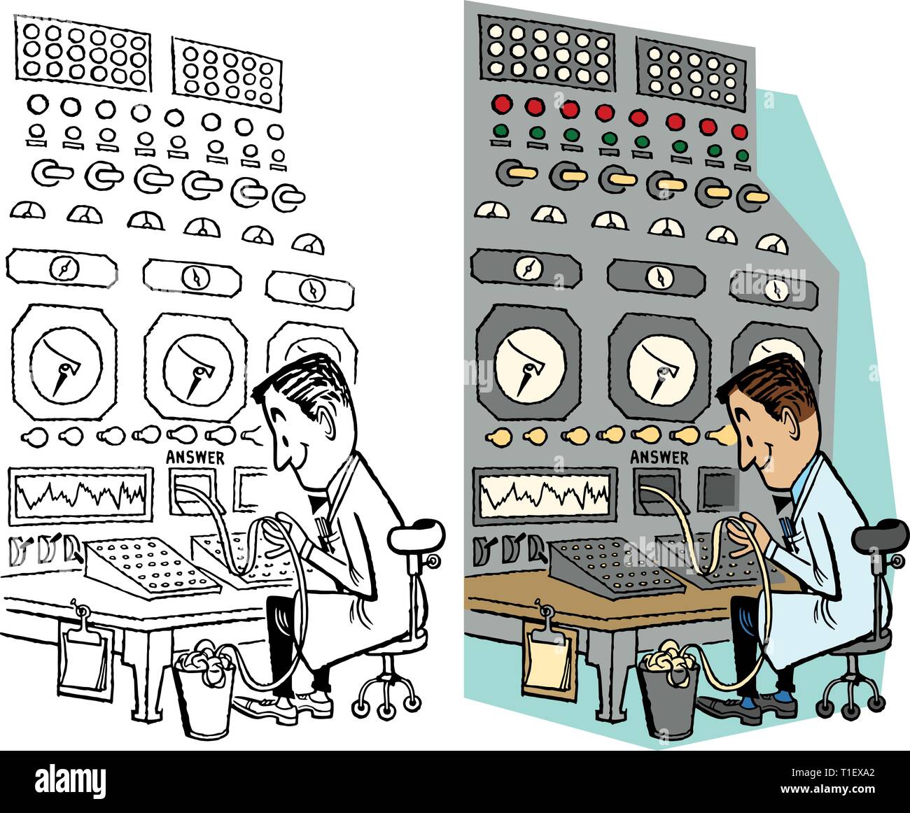 A man uses an old fashioned computer to get an answer. Stock Vector