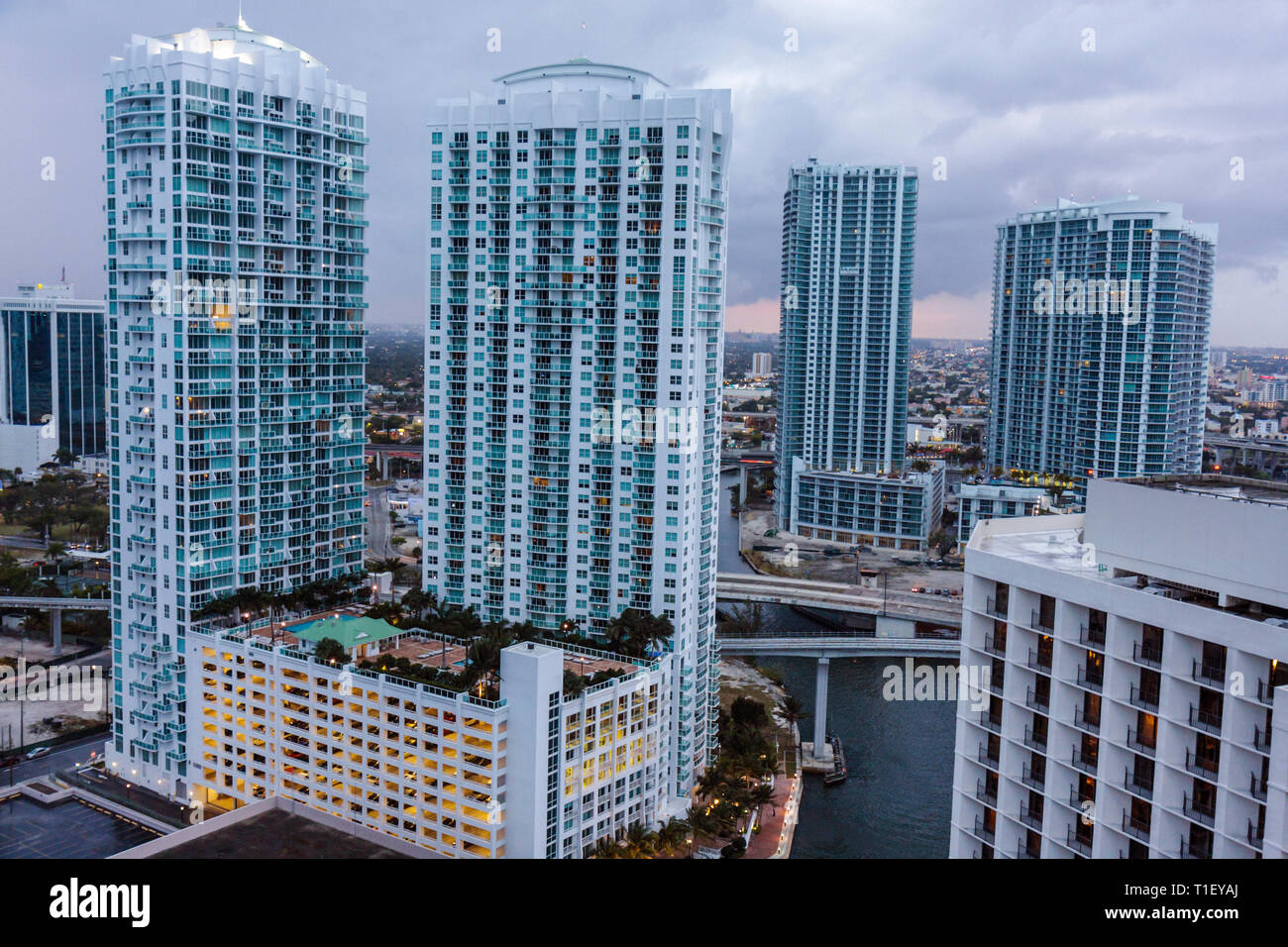 Miami Florida,view from Epic,hotel,Miami River,new condominiums,skyscrapers,high rise rises,buildings,city skyline,towers,balconies,luxury,FL090322072 Stock Photo
