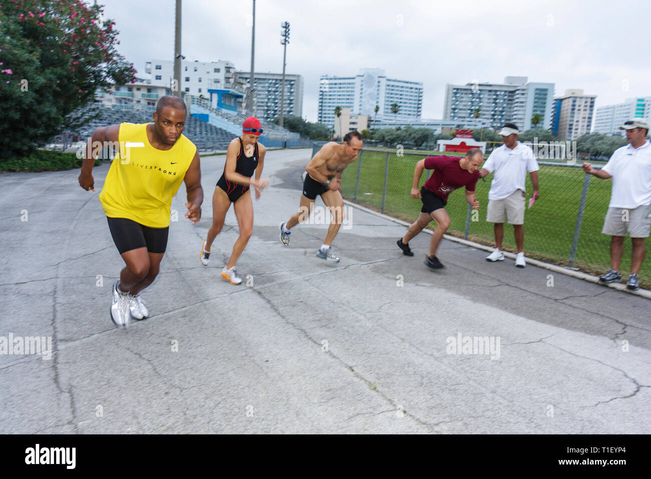 Miami Beach Florida,Flamingo Park,Duathlon,run,swim,Black Blacks African Africans ethnic minority,adult adults man men male,woman women female lady,at Stock Photo