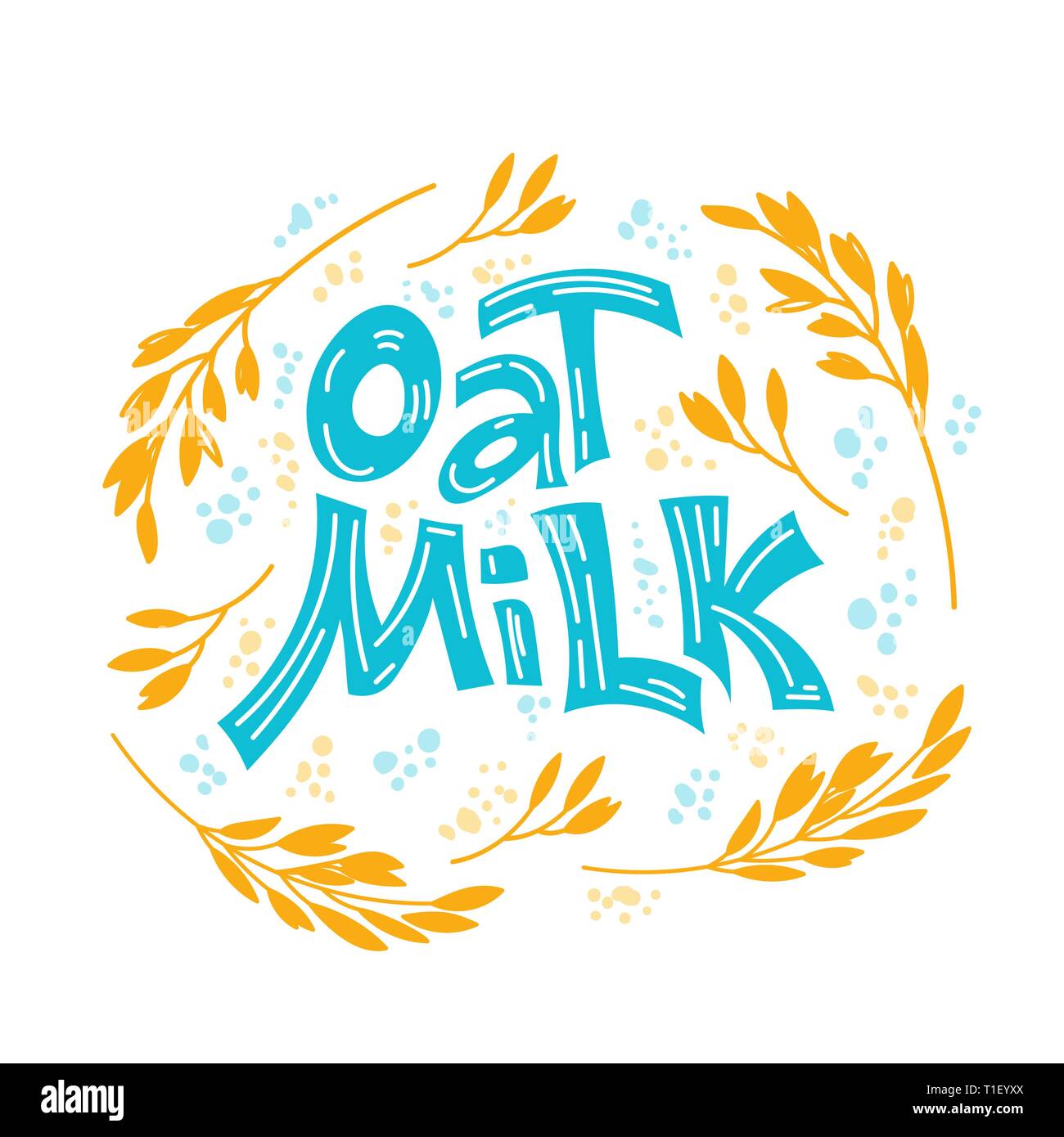 Oat milk hand drawn lettering. Spikes and grains of oats, glass with oat milk, carton box and glass jar of milk. Doodle style, vector illustration. Stock Vector