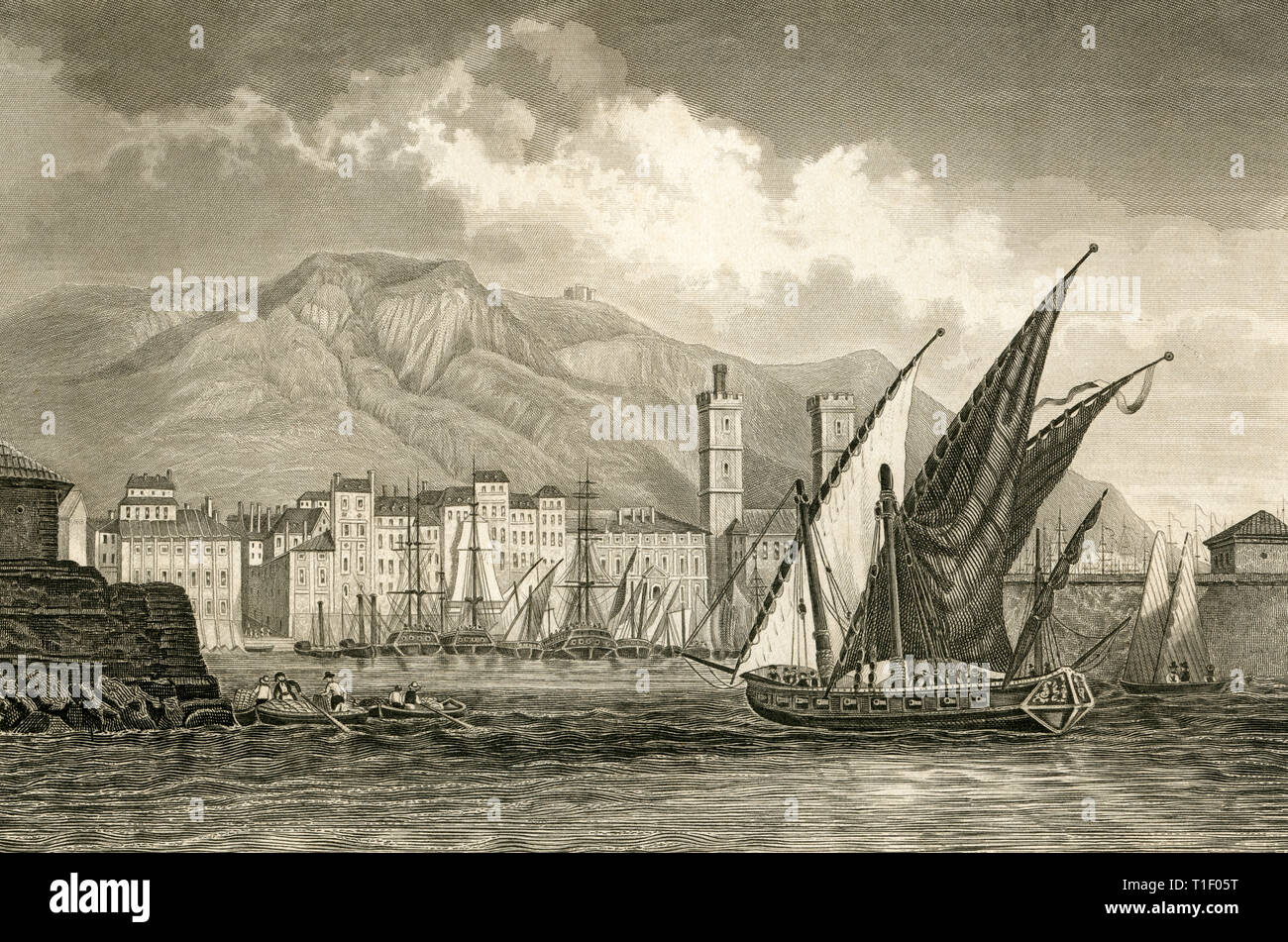 France, Toulon, view to the harbour and city, steel engraving about 1850, Bibliographisches Institut Hildburghausen., Artist's Copyright has not to be cleared Stock Photo
