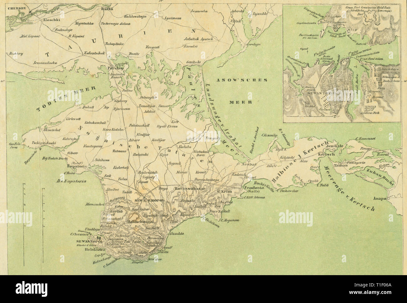 Russia, Ukraine, map of Crimea, from: 'National-Kalender für alle Kronländer der kaiserl. königl. österreichischen Monarchie auf das Schaltjahr 1856 ' (National calender for all crownlands of the imperial monarchy of Austria), 1856, published by Carl Wilhelm Medow, Leitmeritz / Praha., Additional-Rights-Clearance-Info-Not-Available Stock Photo