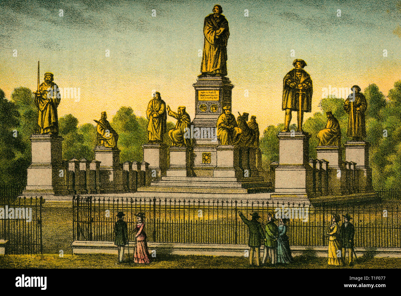 Germany, Rhineland-Palatinatem, Worms, monument of Martin Luther, coloured image (artist unknown) from: 'Doktor Martin Luthers Leben, Thaten und Meinungen... ' (Doctor Martin Luthers life, deeds and opinions...), told by Martin Rade (Paul Martin), published by Hermann Oeser, Neusalza i. S., 1887., Additional-Rights-Clearance-Info-Not-Available Stock Photo