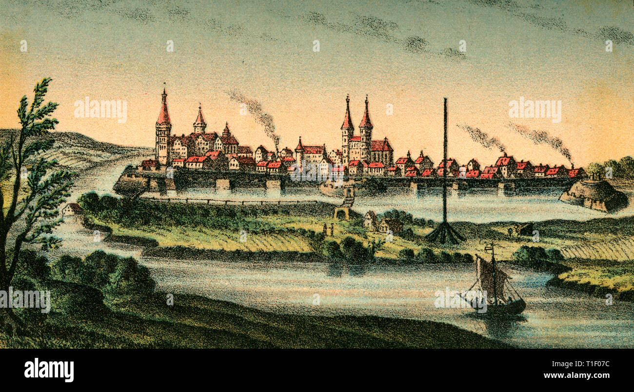 Saxony-Anhalt, Wittenberg on the river Elbe, coloured illustration (artist unknown) from: 'Doktor Martin Luthers Leben, Thaten und Meinungen... ' (Doctor Martin Luthers life, deeds and opinions...) told by Martin Rade (Paul Martin), published by Hermann Oeser, Neusalza i. S., 1887., Additional-Rights-Clearance-Info-Not-Available Stock Photo